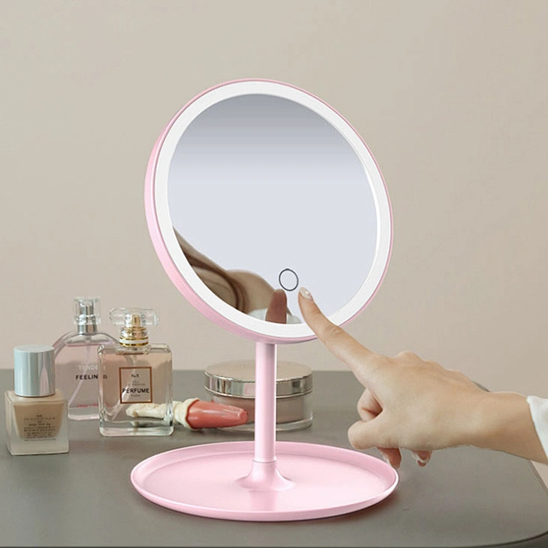 2021 New Round Pink Mirror Light Up Cosmetic Mirror Cosmetic Organizer With LED Miroor Smart Miroor