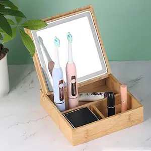 Custom Mirror Bamboo Storage Type LED Lights Smart Makeup Mirror With Button To Control