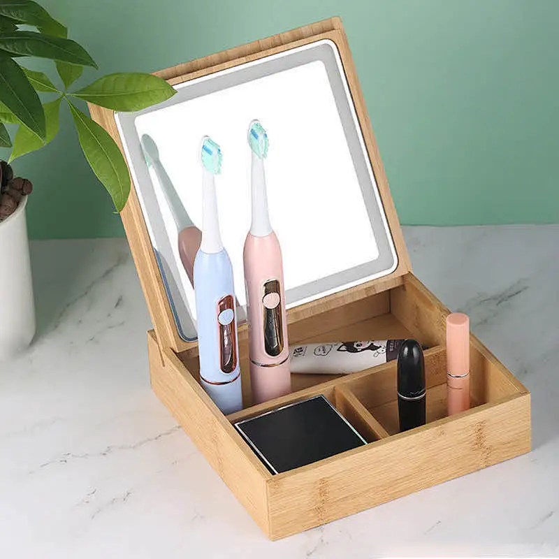 Custom Mirror Bamboo Storage Type LED Lights Smart Makeup Mirror With Button To Control
