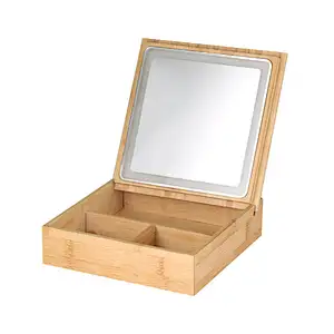 Custom Mirror Bamboo Storage Type LED Lights Smart Makeup Mirror With Button To Control