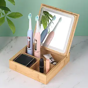 Custom Mirror Bamboo Storage Type LED Lights Smart Makeup Mirror With Button To Control