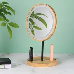 Custom Bamboo Wooden Frame  LED Light Smart  Private Table Standing Makeup Mirror