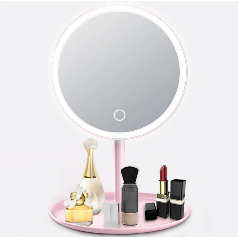 2021 New Round Pink Mirror Light Up Cosmetic Mirror Cosmetic Organizer With LED Miroor Smart Miroor