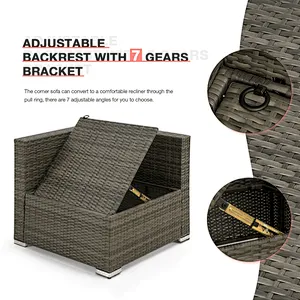 7 Pcs Outdoor Rattan Sectional Sofa w/ Adjustable Bracket, All Weather Patio Furniture Set w/ Grey Cushion & Coffee Table