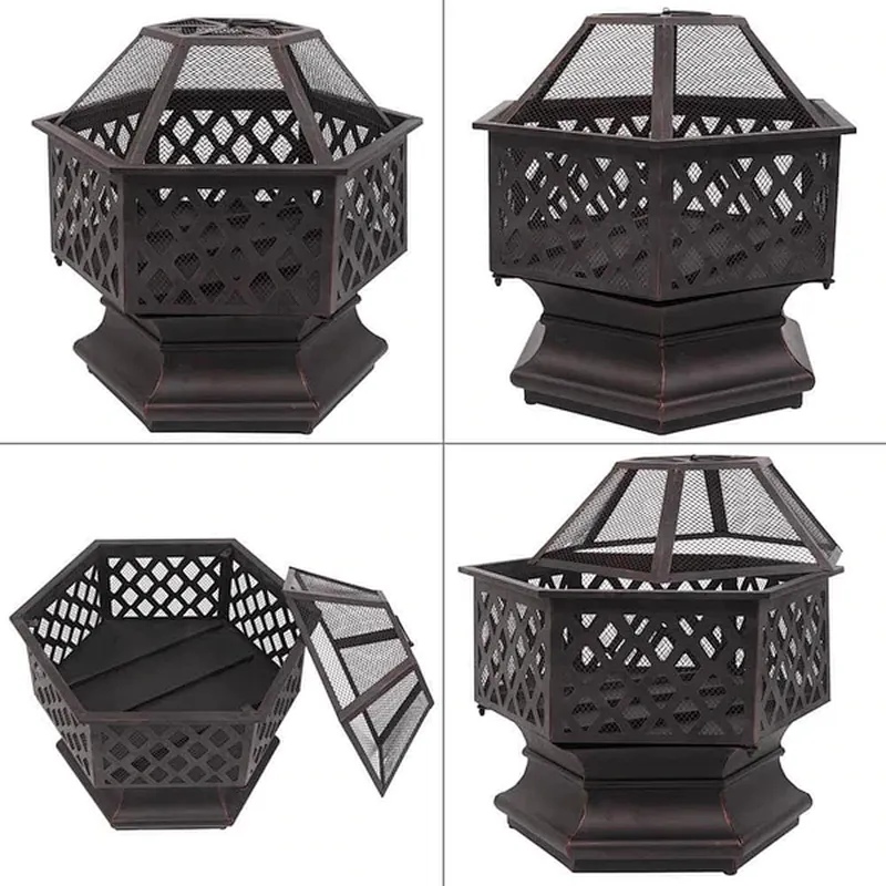 26'' Portable Fire Pit Hexagonal Metal Wood Burning Bonfire Bowl