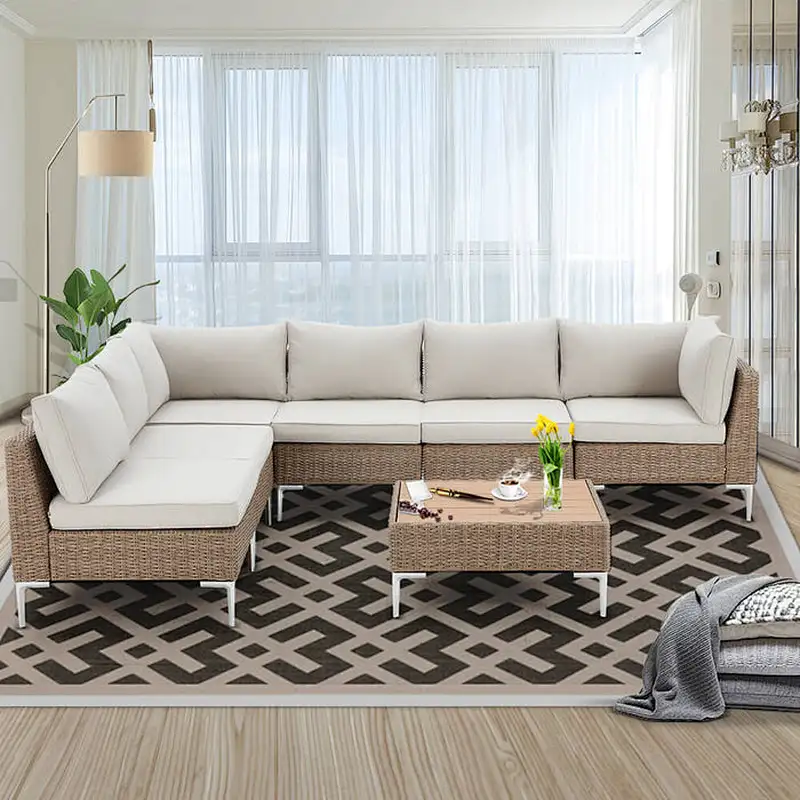 7 Pcs Outdoor Sectional Sofa All-Weather Half-Round Rattan Furniture Set with Cushion & Tea Table