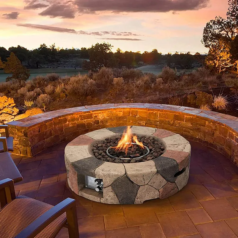 28'' Round Propane Gas Fire Pit 40000 BTU Stone Fire Pit w/ Lava Rocks, Cover, Tank Holder