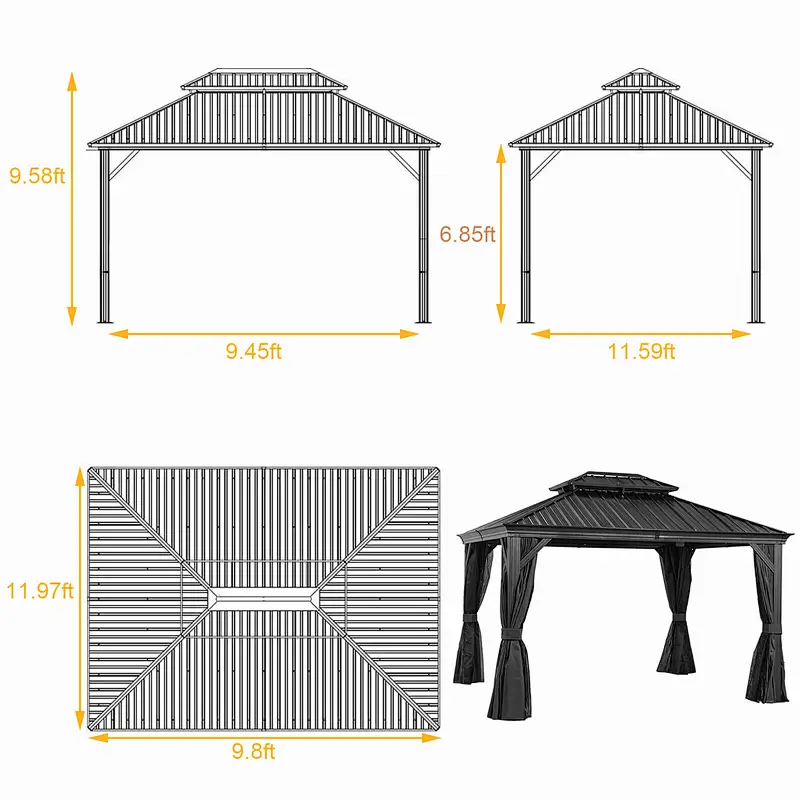 10'x12' Hardtop Gazebo Galvanized Steel Double-Roof Gazebo w/ Netting Curtain, Black
