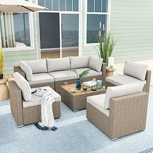 7 Pcs Outdoor Rattan Sectional Sofa w/ Adjustable Bracket, All Weather Patio Furniture Set w/ Cushion & Coffee Table
