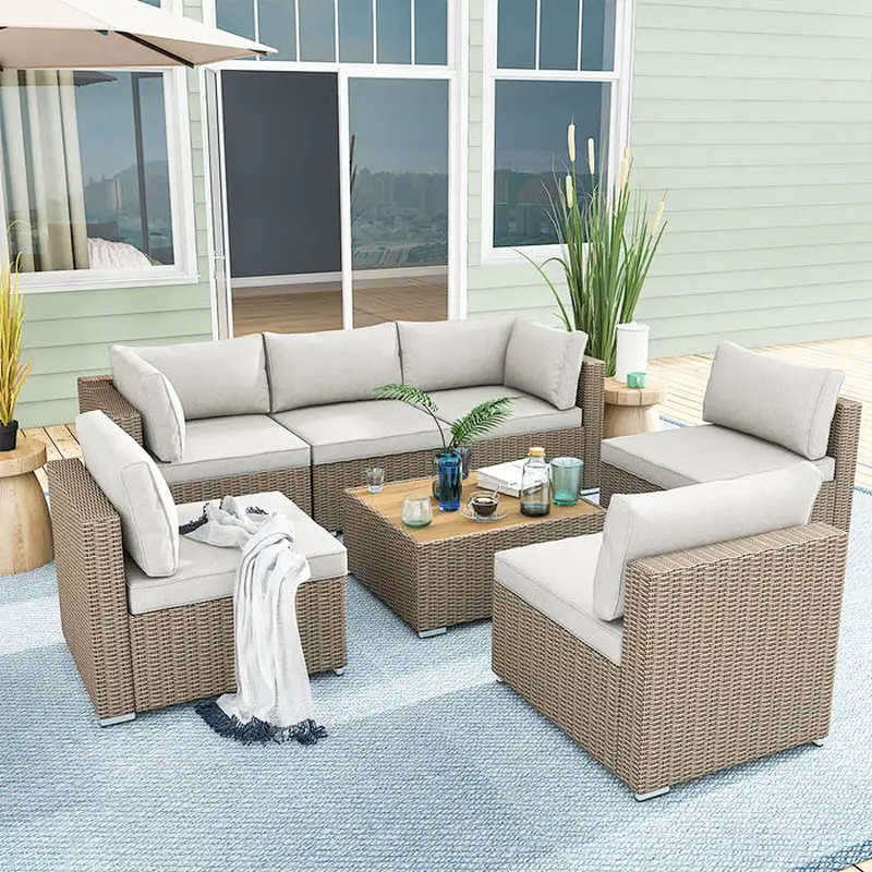 7 Pcs Outdoor Rattan Sectional Sofa w/ Adjustable Bracket, All Weather Patio Furniture Set w/ Cushion & Coffee Table