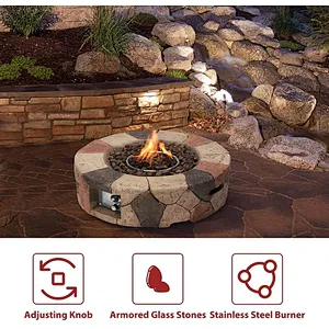 28'' Round Propane Gas Fire Pit 40000 BTU Stone Fire Pit w/ Lava Rocks, Cover, Tank Holder