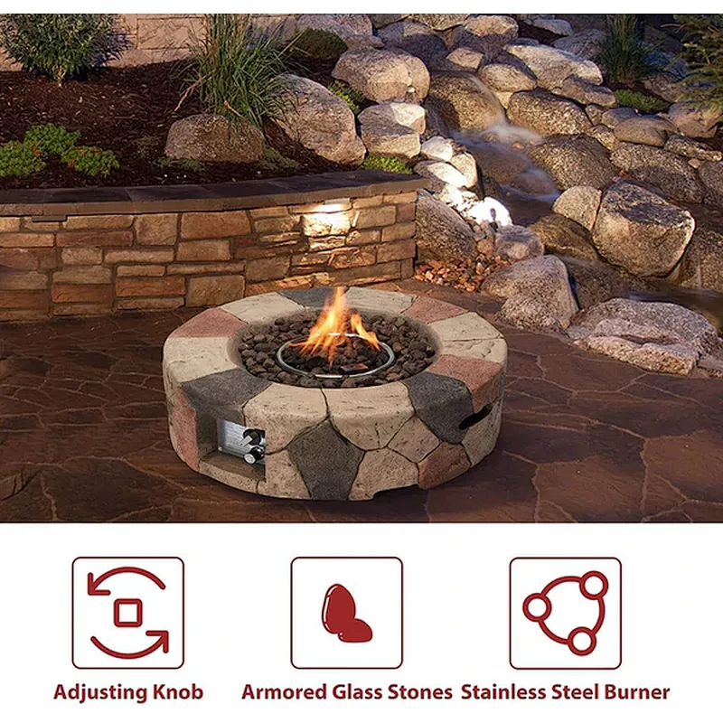 28'' Round Propane Gas Fire Pit 40000 BTU Stone Fire Pit w/ Lava Rocks, Cover, Tank Holder