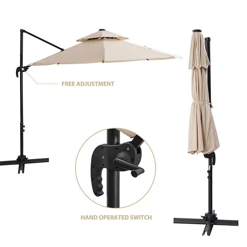 10ft Solar LED Patio Umbrellas Offset Hanging Cantilever Umbrella w/ Easy Tilt