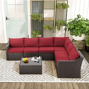 7 Pcs Patio Furniture Set All Weather Sectional Sofa with Red Cushion & Coffee Table