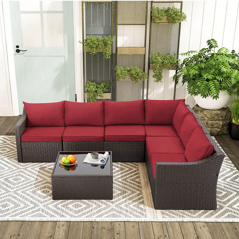 7 Pcs Patio Furniture Set All Weather Sectional Sofa with Red Cushion & Coffee Table