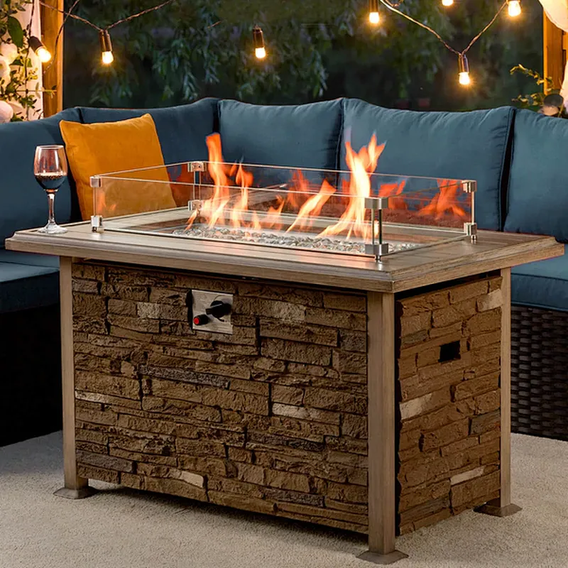 44'' Propane Gas Fire Pit Table 50000 BTU Auto-Ignition w/ Windguard, Aluminum Tabletop,Waterproof Cover, Glass Beads, Coffee