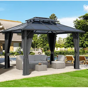 10'x13' Hardtop Patio Gazebo Canopy Polycarbonate Double-Roof w/ Netting Curtains, Black