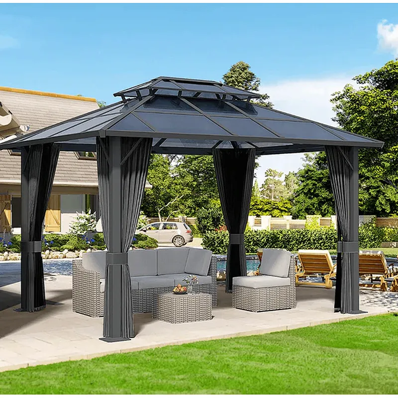 10'x13' Hardtop Patio Gazebo Canopy Polycarbonate Double-Roof w/ Netting Curtains, Black