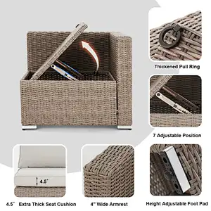 7 Pcs Outdoor Rattan Sectional Sofa w/ Adjustable Bracket, All Weather Patio Furniture Set w/ Cushion & Coffee Table