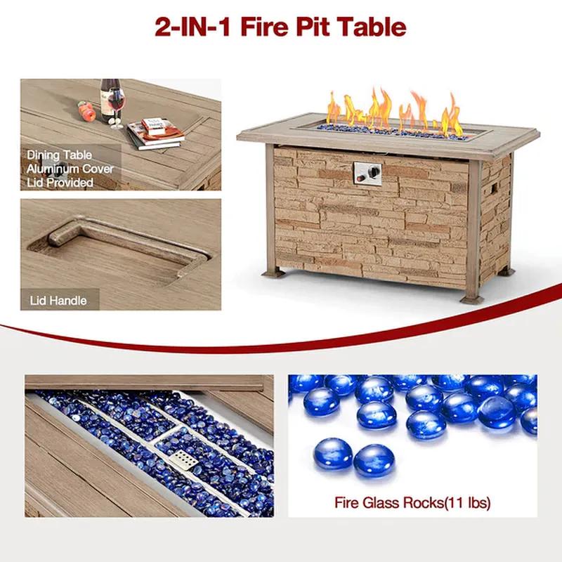 44'' Propane Gas Fire Pit Table 50000 BTU Auto-Ignition w/ Aluminum Tabletop,Waterproof Cover, Glass Beads, Brown