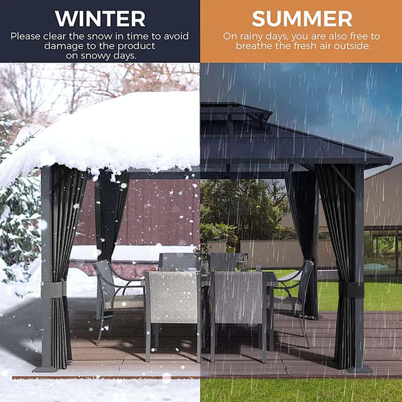 10'x13' Hardtop Patio Gazebo Canopy Polycarbonate Double-Roof w/ Netting Curtains, Black