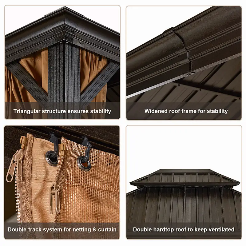 10'x12' Hardtop Gazebo Galvanized Steel Double-Roof Gazebo w/ Netting & Curtain, Brown