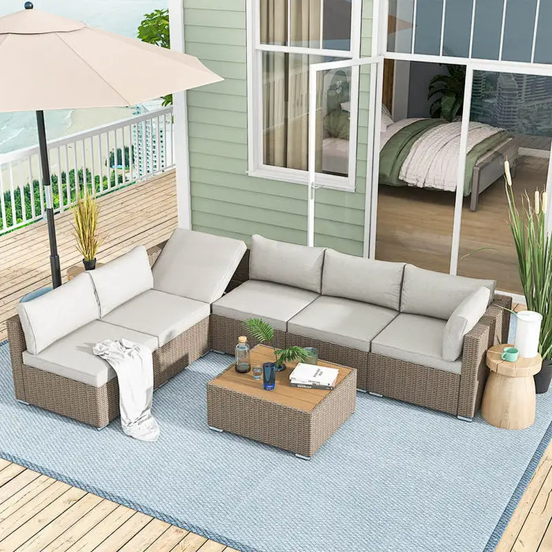 7 Pcs Outdoor Rattan Sectional Sofa w/ Adjustable Bracket, All Weather Patio Furniture Set w/ Cushion & Coffee Table