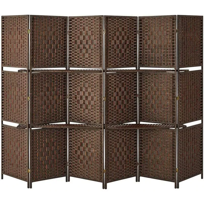 6 Panel Room Divider 6ft Privacy Screen with 2 Shelves Double Hinged