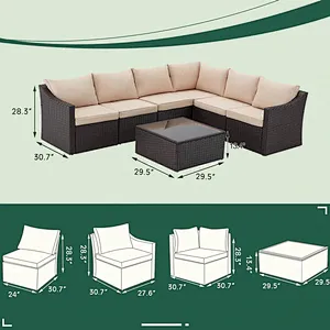 7 Pcs OutdoorPatio Furniture Set All Weather Patio Furniture Set w/ Khaki Cushion & Coffee Table Patio Furniture Set Rattan Sectional Sofa