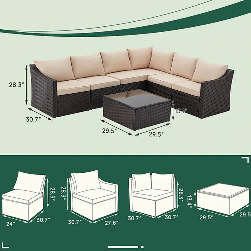 7 Pcs OutdoorPatio Furniture Set All Weather Patio Furniture Set w/ Khaki Cushion & Coffee Table Patio Furniture Set Rattan Sectional Sofa