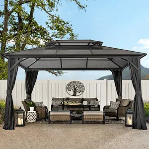 10'x13' Hardtop Patio Gazebo Canopy Polycarbonate Double-Roof w/ Netting Curtains, Black