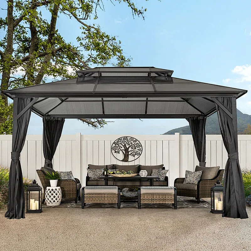 10'x13' Hardtop Patio Gazebo Canopy Polycarbonate Double-Roof w/ Netting Curtains, Black