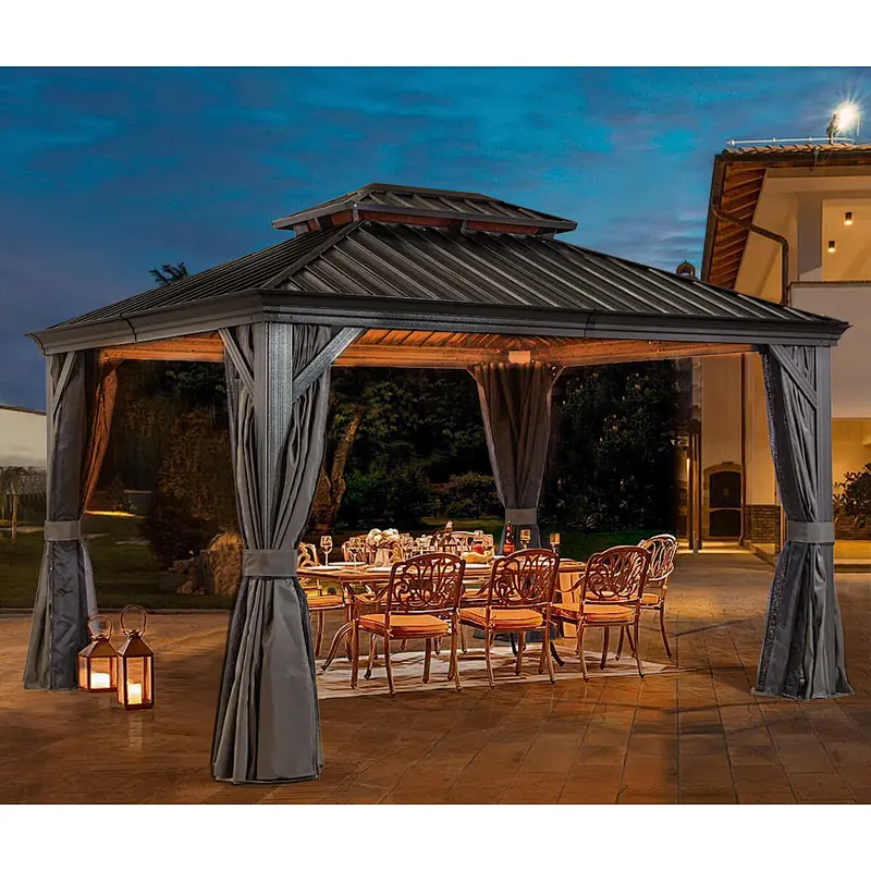 10'x12' Hardtop Gazebo Galvanized Steel Double-Roof Gazebo w/ Netting Curtain, Black