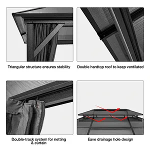 10'x13' Hardtop Patio Gazebo Canopy Polycarbonate Double-Roof w/ Netting Curtains, Black