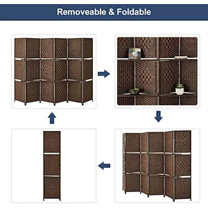 6 Panel Room Divider 6ft Privacy Screen with 2 Shelves Double Hinged