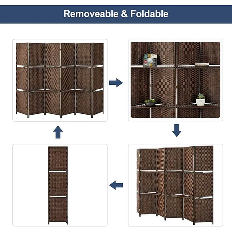 6 Panel Room Divider 6ft Privacy Screen with 2 Shelves Double Hinged