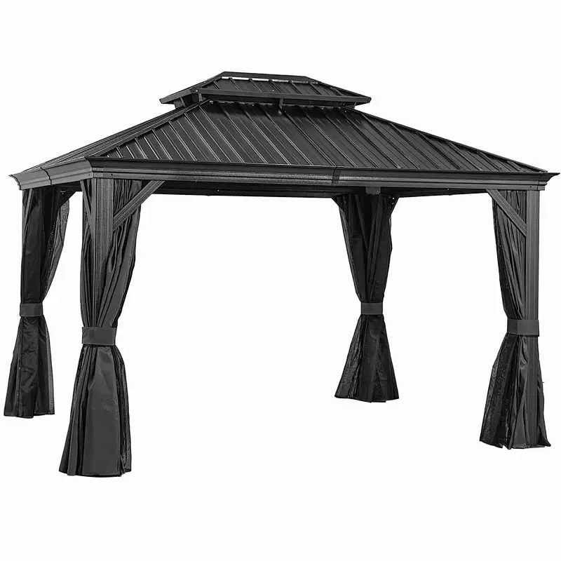 10'x12' Hardtop Gazebo Galvanized Steel Double-Roof Gazebo w/ Netting Curtain, Black