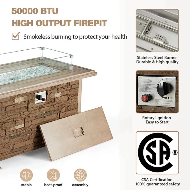 44'' Propane Gas Fire Pit Table 50000 BTU Auto-Ignition w/ Windguard, Aluminum Tabletop,Waterproof Cover, Glass Beads, Coffee