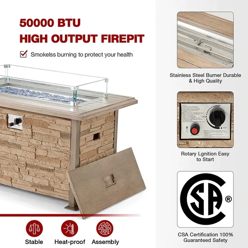 44'' Propane Gas Fire Pit Table 50000 BTU Auto-Ignition w/ Windguard, Aluminum Tabletop,Waterproof Cover, Glass Beads, Brown