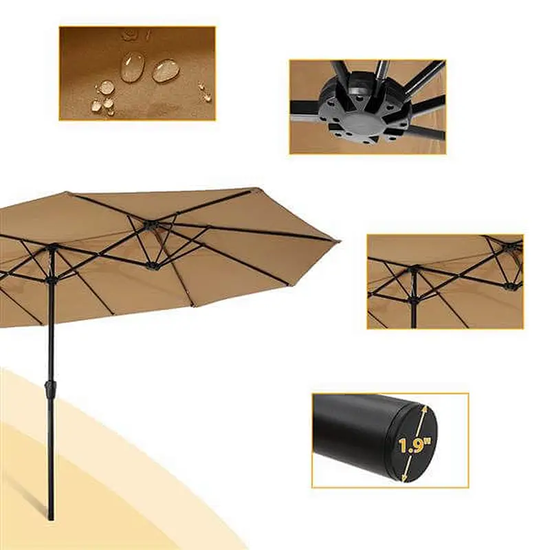 15x9ft Large Double-Sided Patio Umbrella Outdoor Steel Market Umbrella w/Crank, Beige