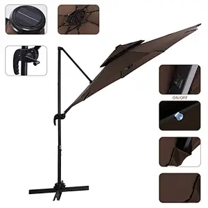 10ft Solar LED Patio Umbrella Offset Hanging Cantilever Umbrellas w/ Easy Tilt