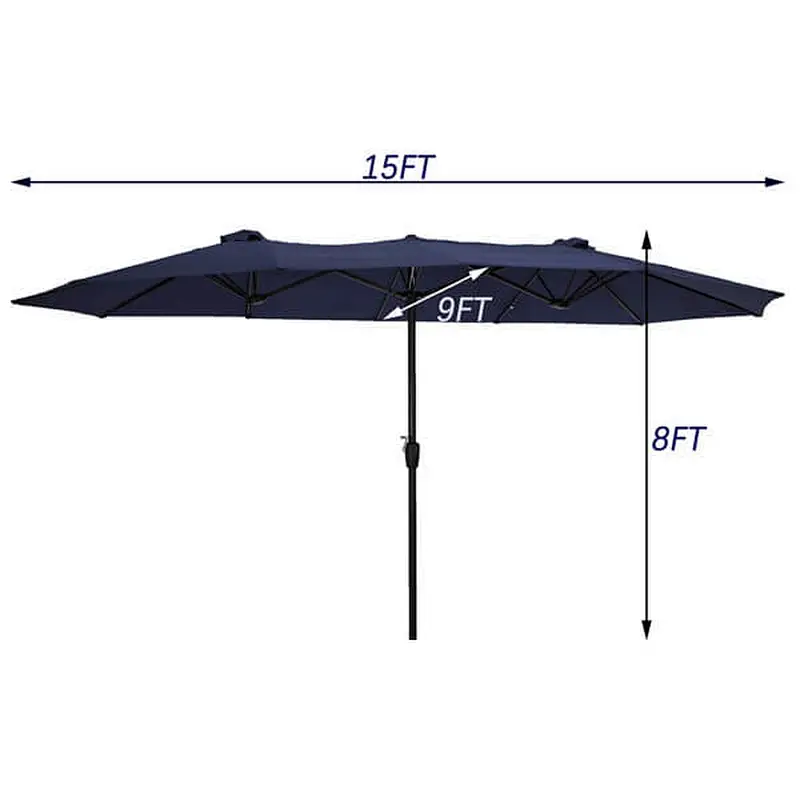 15x9ft Large Double-Sided Patio Umbrella Outdoor Steel Market Umbrella w/Crank, Blue
