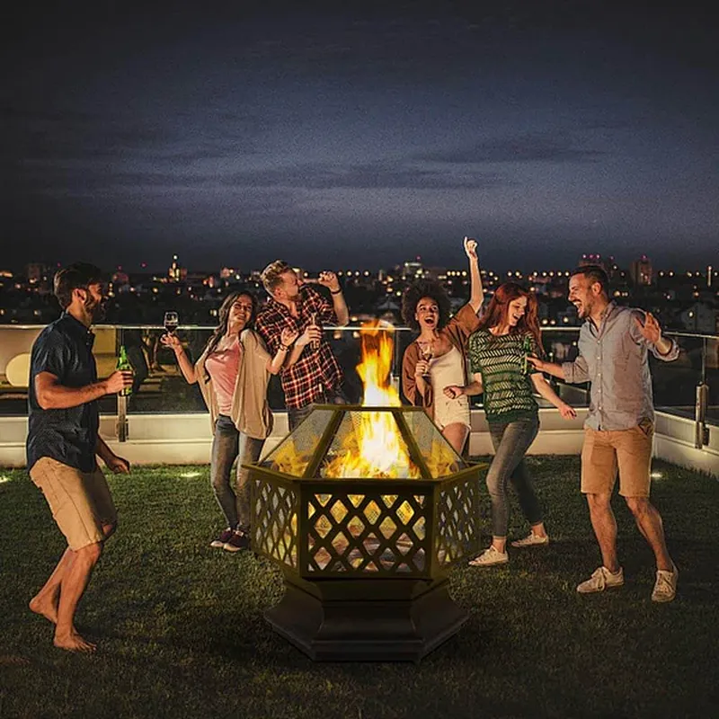 26'' Portable Fire Pit Hexagonal Metal Wood Burning Bonfire Bowl
