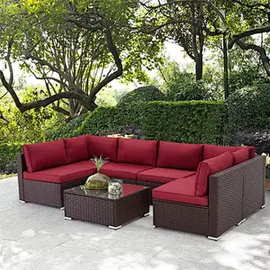 7 Pcs Outdoor Sectional Sofa All Weather Patio Furniture Set w/ Red Cushion & Coffee Table