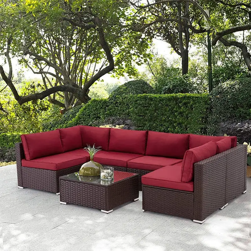 7 Pcs Outdoor Sectional Sofa All Weather Patio Furniture Set w/ Red Cushion & Coffee Table