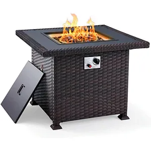 32'' Propane Fire Pit Table, 50000 BTU Square Gas Fire Pit w/Glass Rocks, Brown