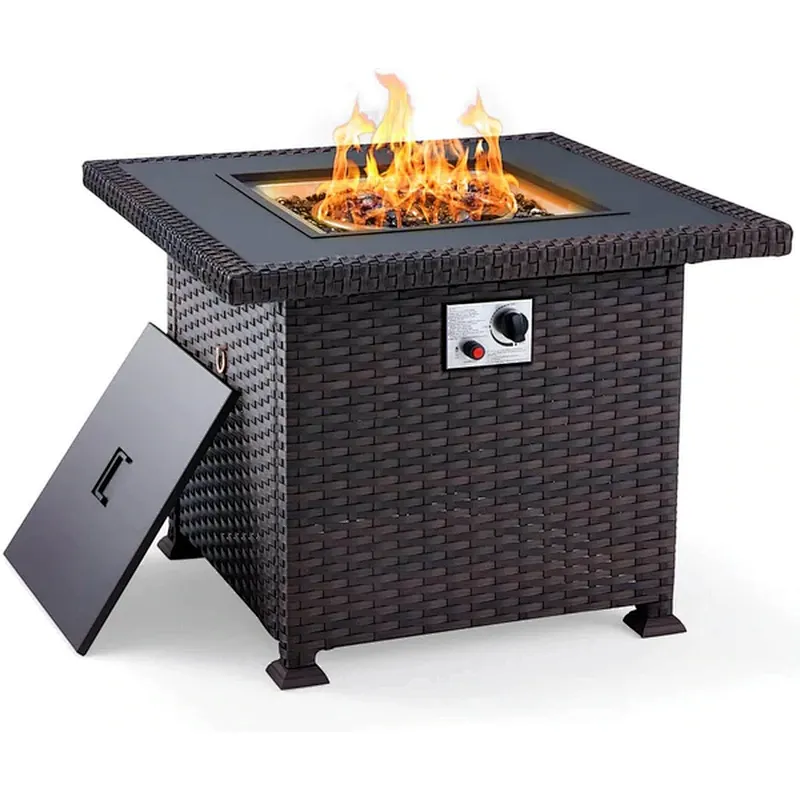 32'' Propane Fire Pit Table, 50000 BTU Square Gas Fire Pit w/Glass Rocks, Brown