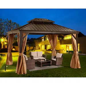 10'x12' Hardtop Gazebo Galvanized Steel Double-Roof Gazebo w/ Netting & Curtain, Brown
