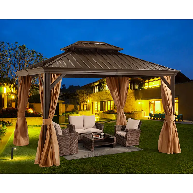 10'x12' Hardtop Gazebo Galvanized Steel Double-Roof Gazebo w/ Netting & Curtain, Brown