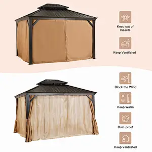 10'x12' Hardtop Gazebo Galvanized Steel Double-Roof Gazebo w/ Netting & Curtain, Brown
